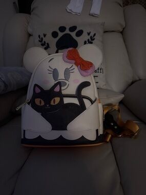 Loungefly White Minnie Ear Backpack with Black Cat and Orange Bow